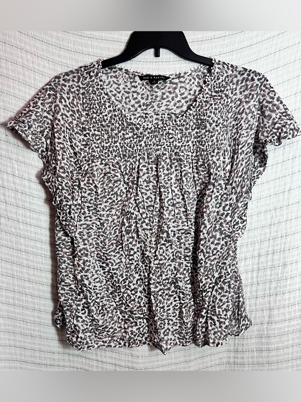 Zac & Rachel Neutral Leopard Smocked Flutter Sleeve Top